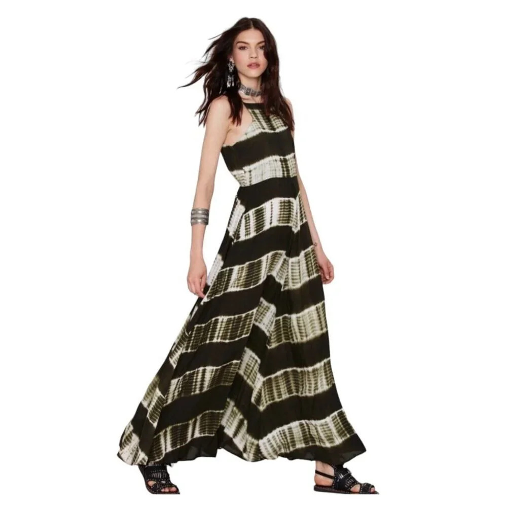 Line & Dot Maxi Dress Size XS Green Shibori High Halter Neckline Boho Flowy